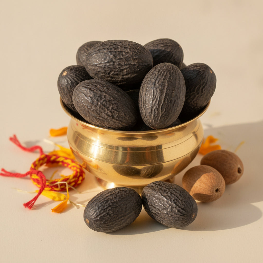 Jaiphal Dakhni – black, long puja jaiphal in a brass bowl with kalava and marigold