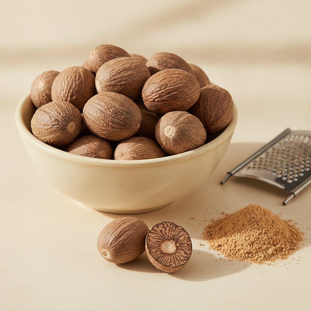 Whole jaiphal (nutmeg) with grated nutmeg powder