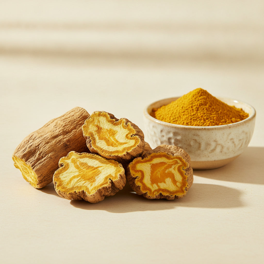 Sharad Cheeni (Revand Chini) rhubarb root pieces showing yellow interior, with powder